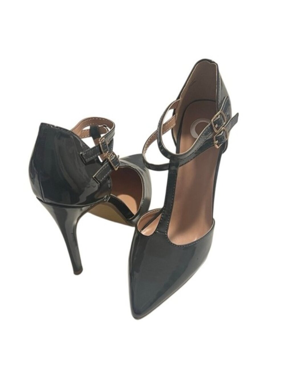 Journee Collection Tru Gray Patent T Strap Double Buckle Pumps Size 7 NWOB